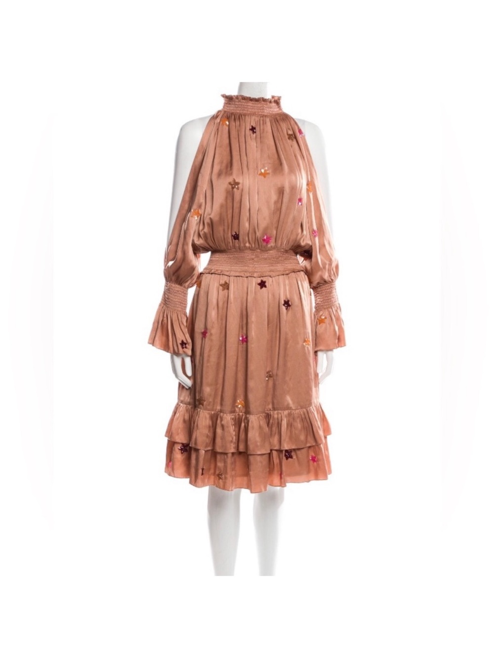 Rococo Sand Peach Satin Long-Sleeve Ruffle Dress with Star Embellishments Size S